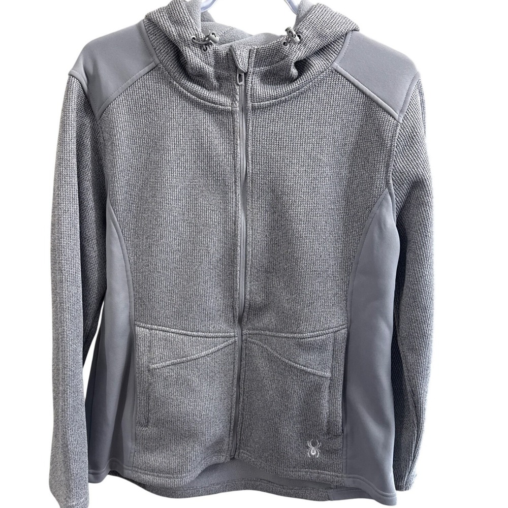 Spyder Womens Grey Full Zip Sweater Knit Fleece Hooded Jacket Large RN166073